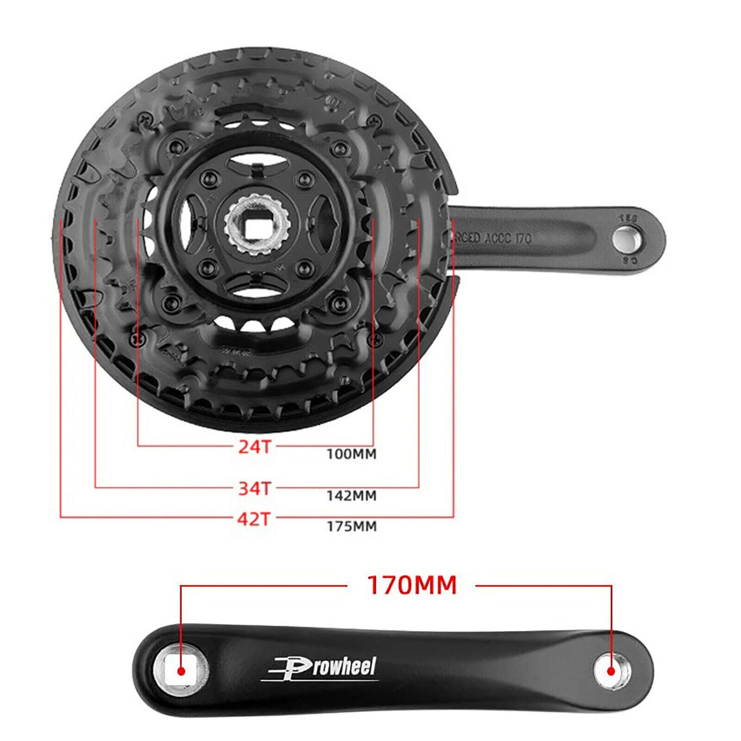 PROWHEEL 170mm Bicycle MTB Bike 24/34/42T Crankset Arm Sprocket Chainrings Chainset