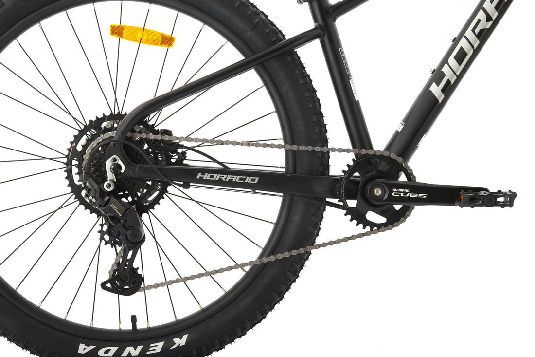 Shimano CUES drivetrain on a Horacio Blaze, showing the rear derailleur, cassette, chain and single front chainring