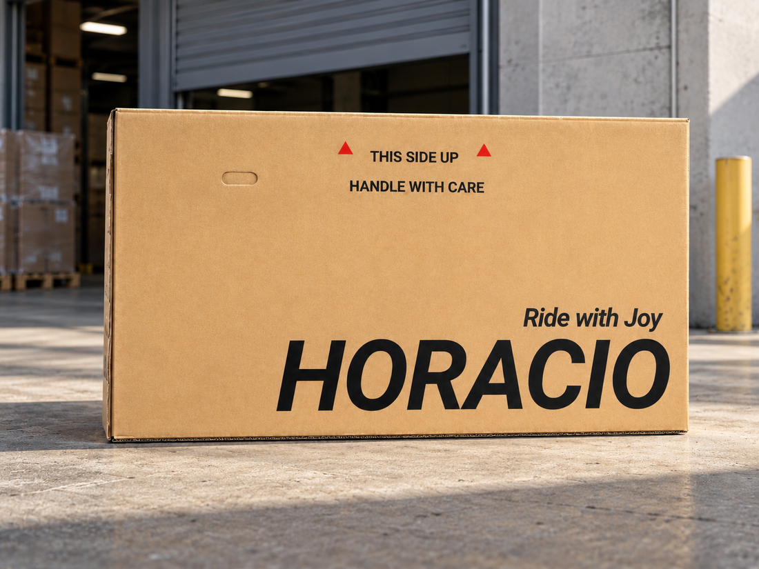 Horacio Bikes bicycle shipping carton with HORACIO branding and Handle With Care markings