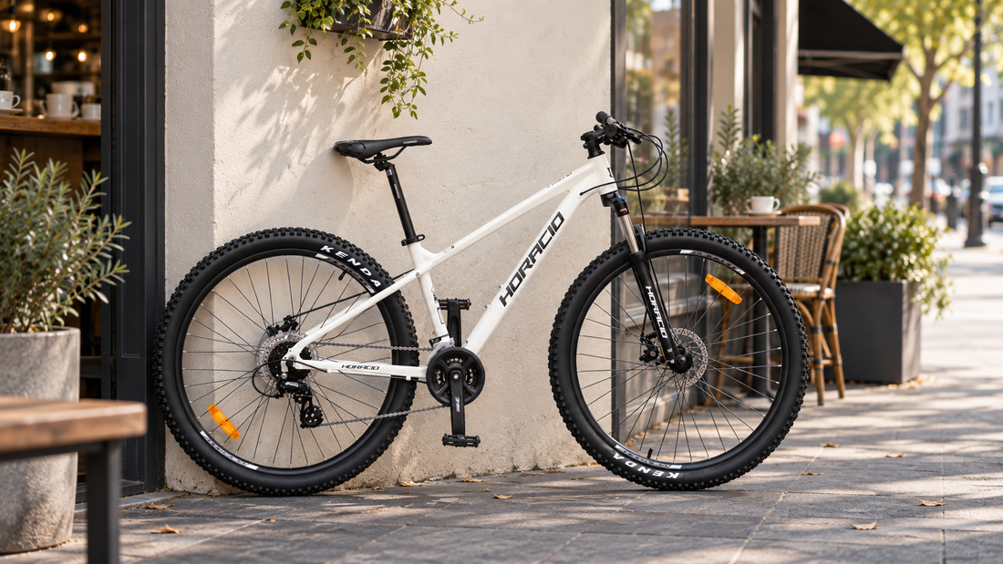 White Horacio mountain bike in an AI-styled cafe setting, based on a product photograph